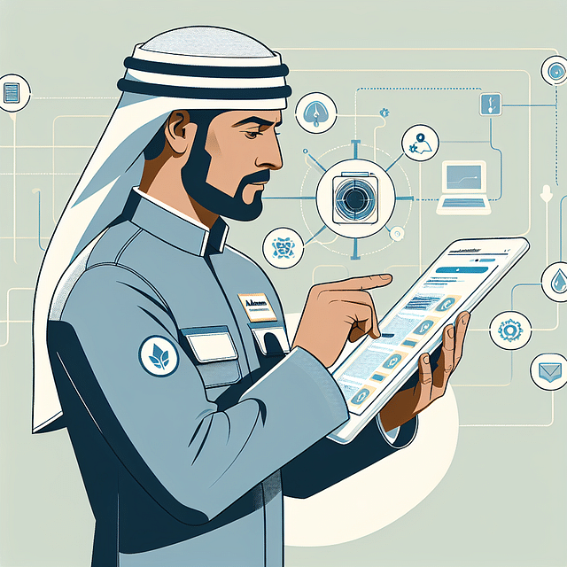 HVAC technician using a learning app on a tablet