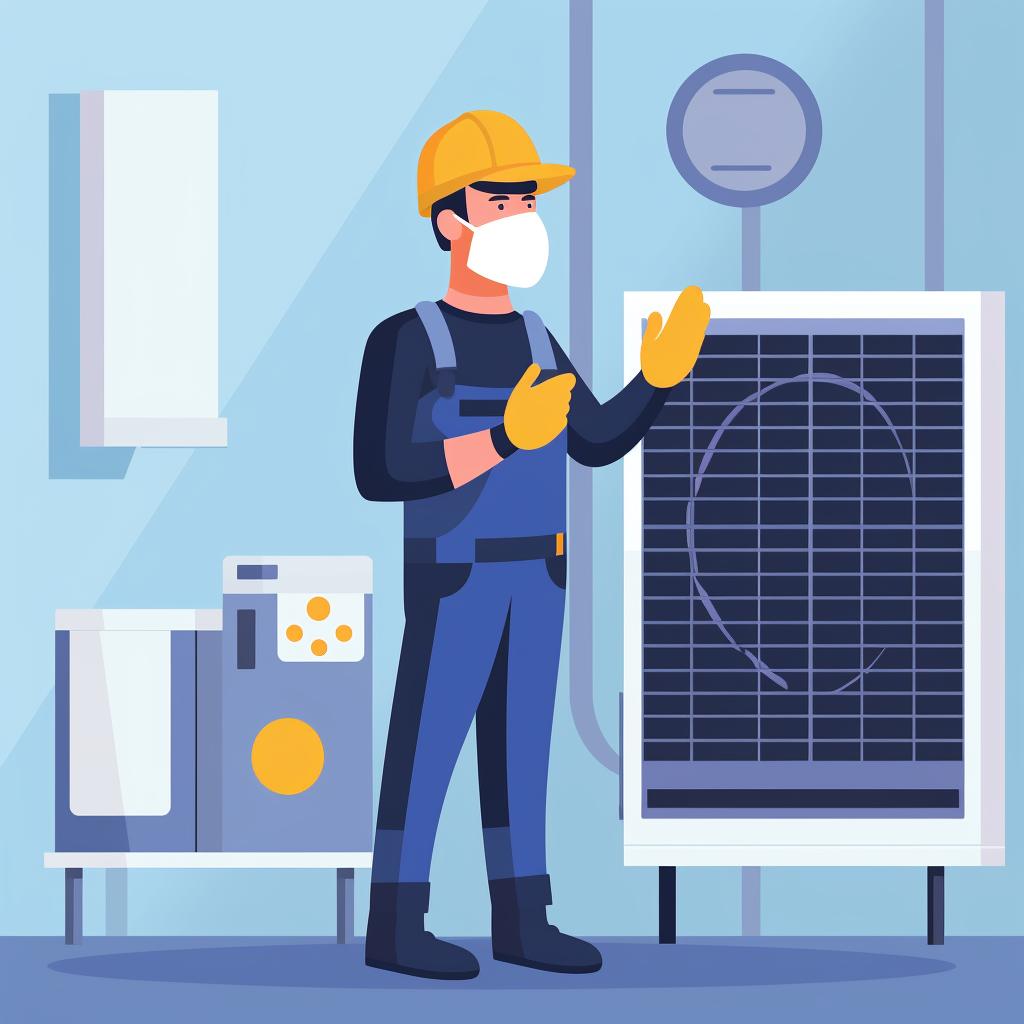 A person wearing safety gloves and goggles, standing next to a switched off HVAC system.